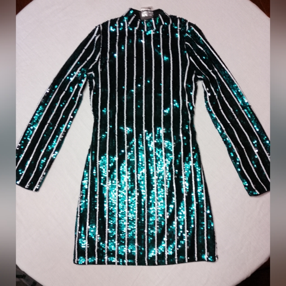 NWT New Look Striped Sequin Mini Dress Long Sleeve Open Back
